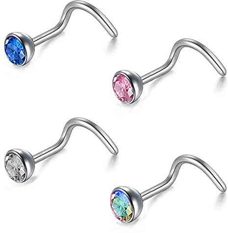 ZS 4Pcs 20G Grade 23 Titanium Nose Rings for Women, 2mm 3mm CZ Nose Screws Rings, Curved/Corkscrew/Spiral Nose Stud Piercing Jewelry (Round,2mm)
