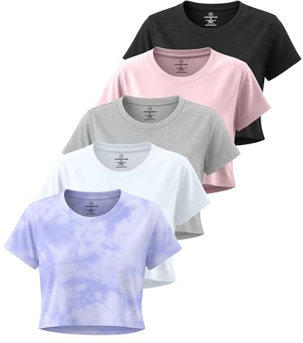 Real Essentials 5 Pack: Women's Dry-Fit Crop Top Short Sleeve Shirts Workout Gym Cropped Athletic Tee (Available in Plus) - Set 6, S