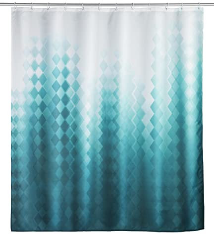 WENKO Duschvorhang Tullin, 180 x 200 cm, Vorhang aus 100% Polyester mit Metallösen & Gummi-Gewichtsband für Dusche und Badewanne, wasserabweisend & waschbar, inkl. 12 weißen Duschvorhangringen