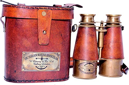 Antique Design Victorian Marine Brass Leather Binocular Coating Blue Lens Opera Glasses & Spyglass with Orange Leather Case London 1915 Home & Office Decor