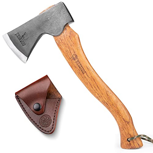 NedFoss 15 Hatchet, Chopping Axes and Hatchets for Wood Splitting and Kindling, Forged Carbon Steel Bushcraft Axe Head Beech Wood Handle, Retro Leather Sheath