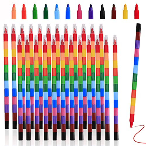 Dazarey 24 Stück Wachsmalstifte,Stapelbare Buntstifte Kinder,12 Farben Baustein Buntstifte Kinder,Regenbogenstifte,Farbwechselstifte Mitgebsel,Kindergeburtstag Junge Mädchen Party Gastgeschenke