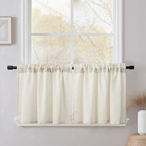 CUCRAF Scheibengardine Küchengardinen Bistrogardine 2er Set Natur Leinen H 45 x B 120 Natur Halb Transparent Stores Gardinen Fenster Leinenvorhang Gardinenschal