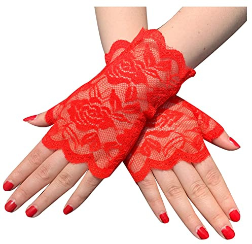 SHTGOI 1 Paar Damen Spitzenhandschuhe Kurze Braut Fingerlose Blumenspitze Handschuhe Sonnenschutzhandschuhe Hochzeit Spitzen Handschuhe für Teeparty Beerdigung Hochzeitsfeier Kostümzubehör Groß Rot