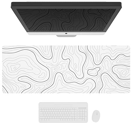 Ovenbird Großes Gaming-Mauspad mit genähten Kanten, topografische Karten, XL-Mauspad mit rutschfeste Unterseite, Cooles Schreibtischpad für Tastatur und Maus, 90 x 40 cm, Weiß