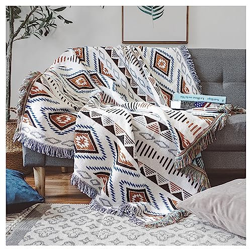 Czyminrout Boho Decke Sofadecke mit Quaste，Sofaüberwürfe Strick Kuscheldecke Bettwurf，Aztekischer ethnischer Stil Decke，für Zuhause,Büro,Reisen, Zelten (Geometrische Muster, 90 * 90cm)