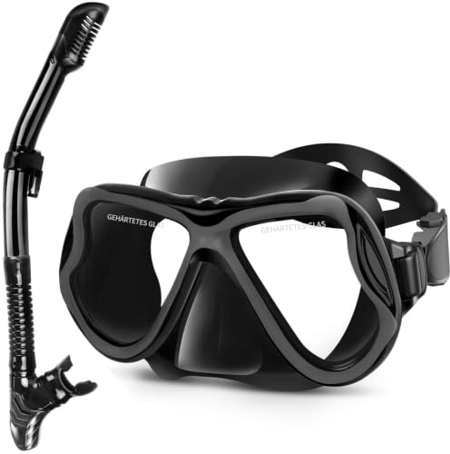 Karvipark Snorkel Set Adults, Anti-Fog Panoramic Wide View Diving Mask, Dry Snorkelling Set for Snorkelling, Diving, Swimming (Black)