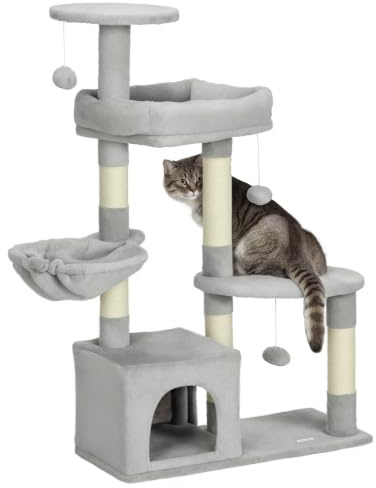 PawHut - Árbol de Gato para Gato (104 cm de Altura, Centro de Actividades, multiniveles, columnas reforzadas, 3 Bolas Colgantes, Color Gris Claro