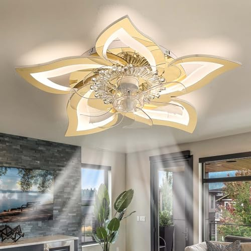 Caufloce Smart Ceiling Fans with Lights and Remote, Flower Silent LED Ceiling Fan with Light Dimmable 6-Speed Reversible Ceiling Fan Lights Bedroom DC for Kitchen, Living Room-Gold