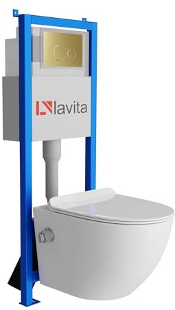 Lavita LAV 101 - Elemento da parete per WC 40 cm + gancio a parete per WC Salto bianco senza bordi + pannello di controllo LAV 200.4.5 oro | Set completo | Cassetta di risciacquo da incasso | WC