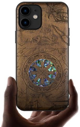 Carveit Étui pour iPhone 11 Coque [Gravure en Bois et Incrustation de Coquille] Cover Compatible avec Apple 11 Luxe et Case Etui Bois (Noyer-Bouclier Viking)