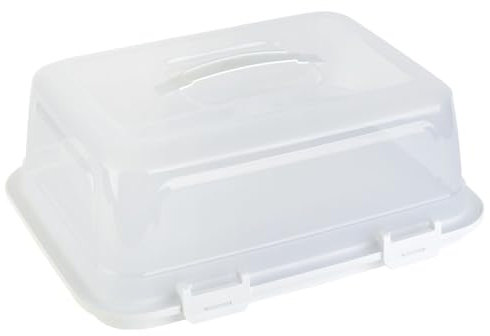 Engelland Rechteckige Kuchen-Transportbox mit Griff, Deckel und 4-fach Klick-Verschluss, Farbe: Weiß-Transparent, 44 x 35 x 17,50 cm, BPA-frei, Torten-haube, Stückeinteilungshilfe