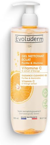 EVOLUDERM – Gel Nettoyant Éclat Vitamine C – 500 ml – 97% d’Origine Naturelle – Végan – Fabrication Française