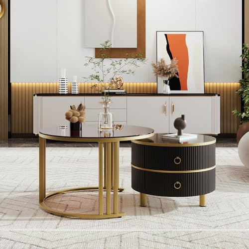 Satztische 2Er Set Rund 2-in-1 Runder MDF-Couchtisch Beistelltisch mit 1 Hochglanz-Tischplatte und 1 brauner Tischplatte aus gehärtetem Glas Wohnzimmer- mit 2 Schubladen 70*70*45 + 50*50*40 cm
