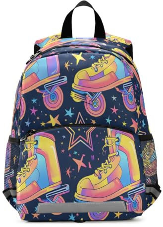 Mnsruu Retro Rollschuhe Disco groovy flippig nahtloses Muster auf dunkelblauem Hintergrund, Kinderrucksack, elementarer Kleinkindbeutel, Kindergarten, Vorschultasche für Mädchen, Jungen und Kinder,