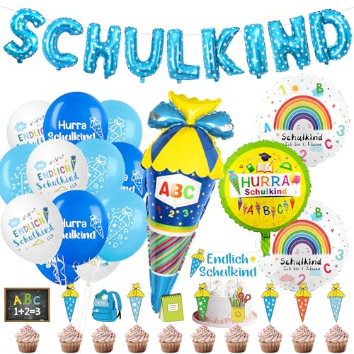 Deko Einschulung Junge: Schuleinführung Schulanfang Set - Folienballon Schulkind, Girlande Banner, Tortendeko, Zuckertüte, Luftballon