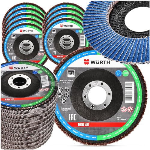 WüRTH® SCHLEIFSCHEIBEN FÄCHERSCHEIBEN 125MM G60 10 STÜCK FÜR METALL & HOLZ PRÄZISES BLAU Lamellenscheiben für Winkelschleifer Poliermaschine Zubehör Profi Zirkon Schleifmop