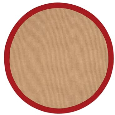 carpetfine Sisalteppich Naturfarbe Ø 60 cm handgewebt mit Bordüre aus Baumwolle in Rot | Moderner Rutschfester Flachgewebe Teppich Uni aus Naturfasern für Wohnzimmer, Schlafzimmer