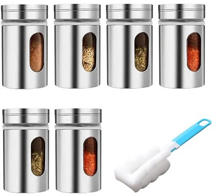 6 Stück Gewürzdose aus Edelstahl, Edelstahl Set Gewürzstreuer, Edelstahl Gewürzbehälter mit Bürste für Küchenutensilien, Aufbewahrung, Küchen Organizer (Silber)