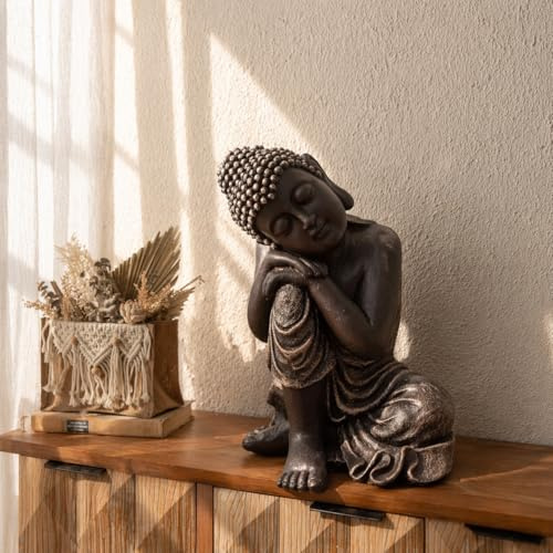 K&L Wall Art Große Buddhafigur Kunststein Deko Feng Shui Steinfigur dekorative Budhastatue Zen Dekofigur (Schwarz, Silber, 40 cm hoch)