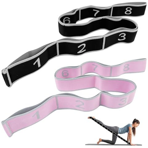 Lectorias 2 Stück Yoga Gurt mit 8 Schleifen, Yogagurt Dehnungsband, Yoga Stretching Band, Fitness Stretchband, Yogaband, Dehnband Fitnessband, Gymnastikband für Pilates, Gymnastik, Tanz, Dehnung
