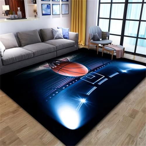 RUGMRZ Small Rugs for Living RoomKinderzimmer Teppich Auslegware Teppichboden 60x110CM Wohnzimmer kurzflor BlauSchwarzer, leicht zu reinigender mit 3D-basketballmuster Kinderzimmer Tep
