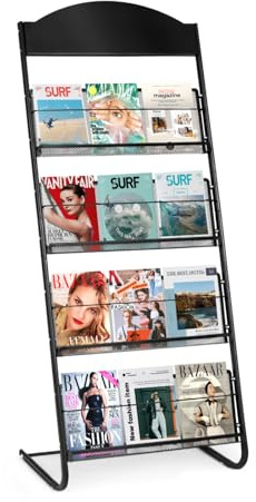 SUNDOY Magazine Rack | Floor Standing Literature Display Stand with 4 Pockets | Sleek Black Design for Home and Office Use (No Wheels)