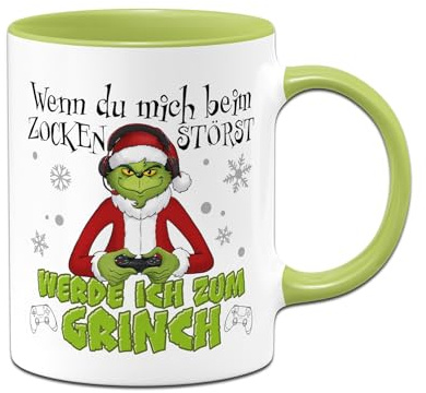Grinch Tasse - Wenn Du mich beim Zocken störst, werde ich zum Grinch - Weihnachtstasse lustig, Kaffeetasse mit Spruch für Gamer an Weihnachten - Gaming Geschenk (Grün)