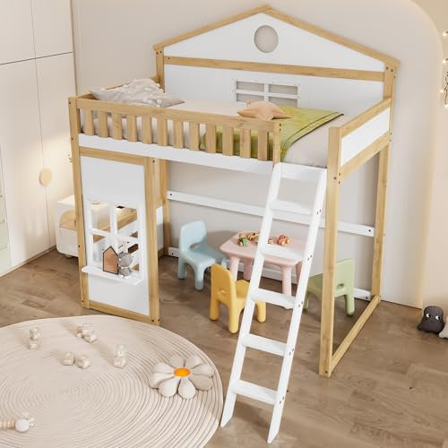 Hochbett Kinderbett 90 × 200cm mit Leiter und Fenster, Holzbett Hausbett Funktionsbett mit Lattenrost und Rausfallschutz, Etagenbett Bettgestell mit Dach, Ohne Matratze, Weiß+Natur