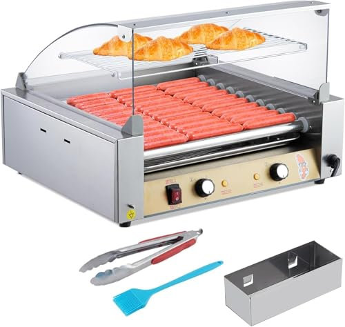 Hot-Dog-Roller Würstchengrillgerät Aus Edelstahl Mit Doppelter Temperaturregelung Glashaube, Acrylabdeckung Brötchenaufsatz Abnehmbare Ölauffangschale,11 Roller