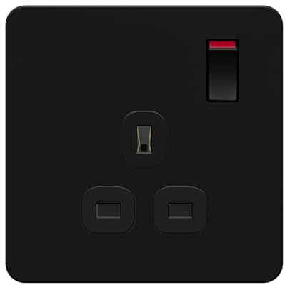 LIDER 1-Gang Switched 13A Socket, Screwless Plastic Plate Cover, Black | Child-Proof Shutter, Glossy, Double-Pole Plug Socket, Control Switches, UKCA, Thermoplastic, Tamper-Resistant