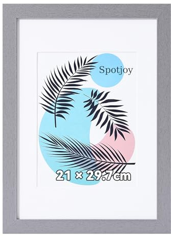 Spotjoy Bilderrahmen 21x29.7 cm DIN A4 mit Passepartout | Holzrahmen Rahmen für Tisch- und Wandmontage Zertifikatsrahmen mit Acrylglas für Fotos, Poster, Porträts, Silbergrau