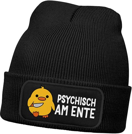 MoonWorks® Herren Beanie mit Patch Strickmütze Spruch Meme Psychisch am Ente Lustig Mütze Männer