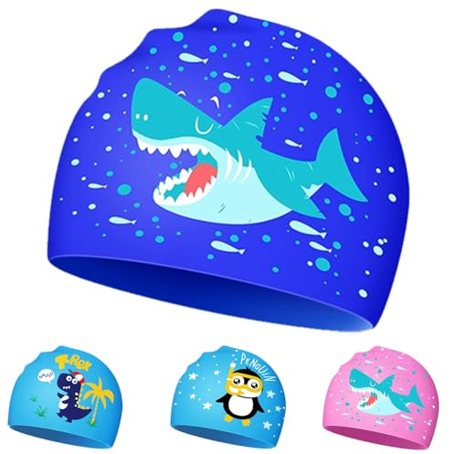 Badmössa för barn, silikon simkappa ålder från 4 till 14 år, badmössa barn långt hår, badmössa för flickor pojkar, 3D stretchig och bekväm badmössa (B)