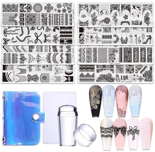 Lace Nail Stamping Plate Set - French Tip Stamp Silicone Nail Stamper Kit Bow Lace Design with Nail Stamp Plates Laser Storage Bag Nail Art Stencil Nail Supplies for Home DIY &Professional Salon