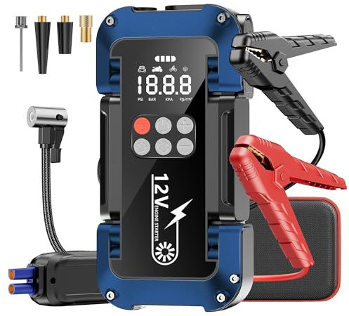 Starthilfe Powerbank mit 150PSI Kompressor, 4000A 12V Car Starthilfe Powerbank für alle Autos oder 8.0L Diesel,26800mAh 4-in-1 Tragbare Starter Powerbank mit 2 LED-Licht, LCD Display