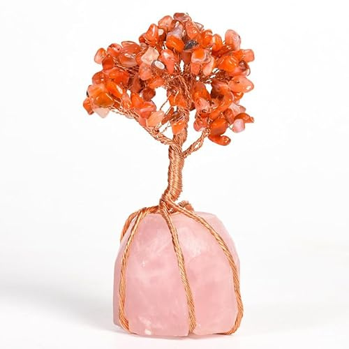 Xiao Hua 1 pieza de piedra de cristal rosa natural envuelta con seda, piedra triturada roja natural, adorno de árbol de la vida, artesanía, hogar, oficina, escritorio, árbol de riqueza