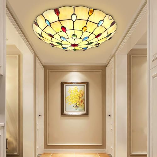Deckenlampe LED Antik Bunte Perlen Schlafzimmer Lampe Deckenleuchte E27 Runde Elegante Vintage industrie europäisches Design Rustikal Landhaus stil Glas Pendelleuchte für Flur Balkon Büro Küche 30cm