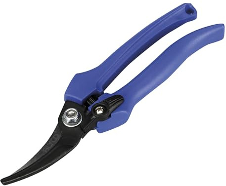 Tijera de vendimia de 180 mm, acero inoxidable, mango ergonómico, ideal para cosecha de uvas y trabajos de jardinería.