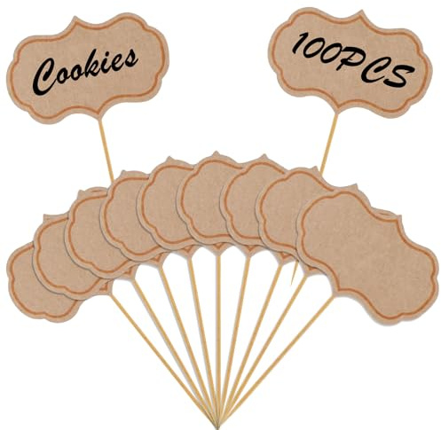 100 Stück Buffet Schilder, Rindslederfarbe Beschriftungsschilder, Reserviert Schilder Gastronomie Kleine Tafeln zum Beschriften, Leere Zahnstocher, für Party Kuchen Lebensmittel Dekoration