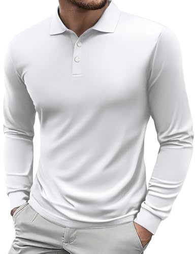 PINSPARK Golfshirts Herren Langarm Poloshirt Herbst Atmungsaktiv Schnelltrocknend Polohemd UPF 50+ Polo Shirt Casual Jogging Fitness Sportshirt Weiß L