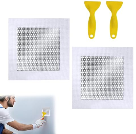 2PCS Wall Patch Repair Kit,8'' by 8'' Self Adhesive Plasterboard Repair Patch Fibreglass Mesh Wall Patches Plaster Repair Tool Wall Hole Filler Patch Drywall Repair Kit with 2 Straight Handle Scraper