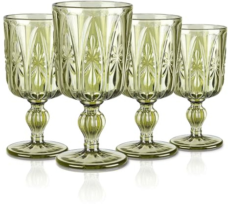 Joeyan Copas de Vino Tinto de Verde,300ml Vintage Copas con Geométrico Relieve,Vasos agua Vidrio Retro,Vajillas de Colores,Cristaleria para Fiestas,Bodas,Cenas Diarias,Apto para lavavajillas,Set de 4