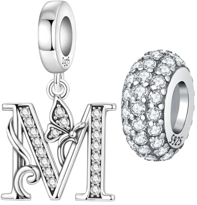 PANPOKI 2 Pack 925 Sterling Silver Butterfly Letter Charms for Bracelets and Necklace Alphabet Dangle Pendants Round Spacer Beads Pave Cubic Zirconia Jewelry Gift for Women (M Set)