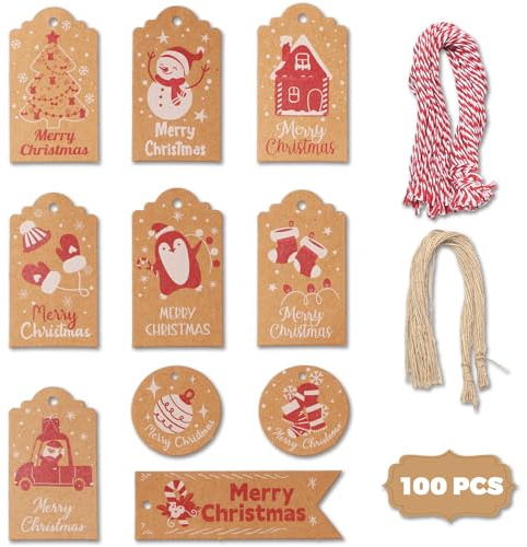 100 Piezas Etiquetas de Navidad - Etiquetas de Papel Kraft con Agujero Reforzado y Cuerda de Dos Estilos - Etiqueta Navidad para Regalo, Manualidades DIY y Decoración de Bolsas