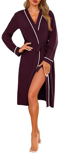 Vlazom Dam morgonrock, supermjuk kimono morgonrock full längd badrock långärmad nattkläder för alla årstider S-3XL, Vinrött, 3XL