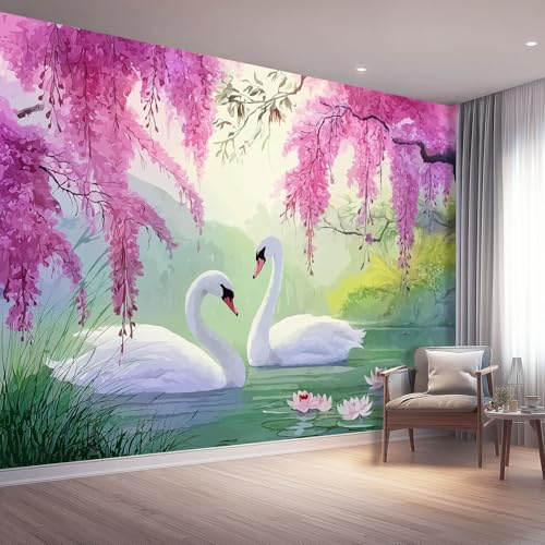 Fototapete Natur Vlies Tapeten 350 x 256 cm, Wandtapete Wohnzimmer Schlafzimmer Küche Dekoration Concealer, Rosa Schwäne Seerosen