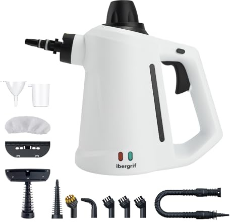 Ibergrif Limpiador de Vapor Portátil, Limpiador de Mano 1050W con 12 Accesorios, 3 Bar Alta Presión, Sin Productos Químicos, para Sofás, Cocina, Juntas y Ventanas, 350ml, Blanco