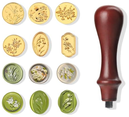fKiZanthene Wachssiegel-Set, 6 Stück Wachsstempelköpfe aus Zinklegierung mit Holzgriff, abnehmbarer Wachsstempel für DIY, Einladungen, Umschläge und kreative Projekte zu Hause