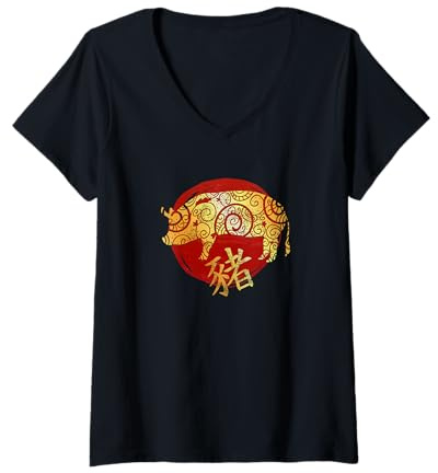 Femme Cochon Signe Astrologique de l'horoscope Zodiaque Chinois T-Shirt avec Col en V